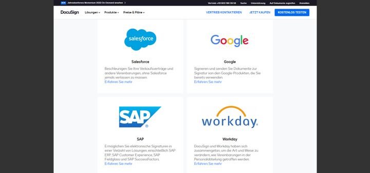 DocuSign lässt sich mit vielen verschiedenen Apps und Anwendungen per Schnittstelle verbinden