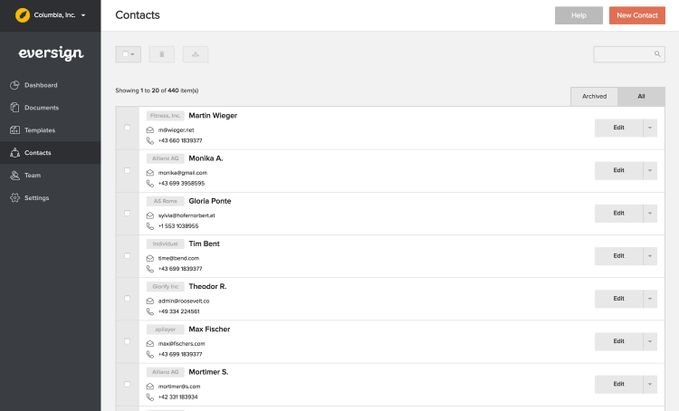 eversign ist mit einem rudimentären CRM-System für die Kontaktverwaltung ausgestattet