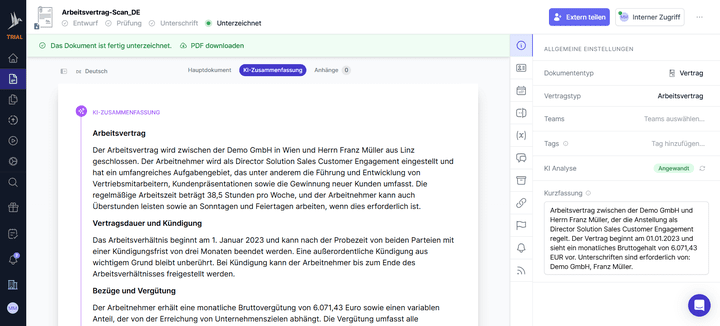 Lädst du bestehende Verträge hoch, bekommst du von der fynk-KI eine automatische Vertragszusammenfassung