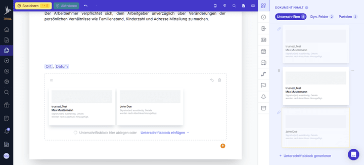 Im Vertragseditor platzierst du deine Signaturfelder ganz einfach per Drag-and-Drop an der passenden Stelle