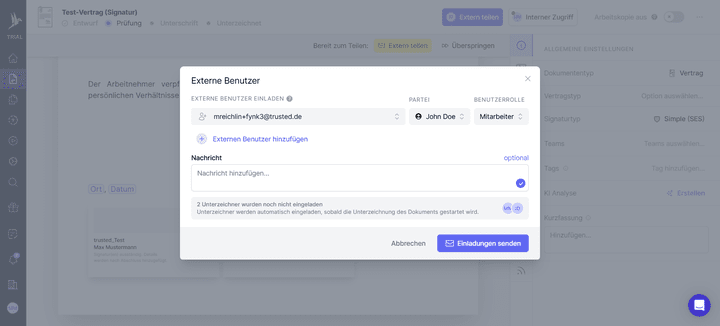 Unterzeichner:innen lädst du grundsätzlich per E-Mail zum Signieren in fynk ein