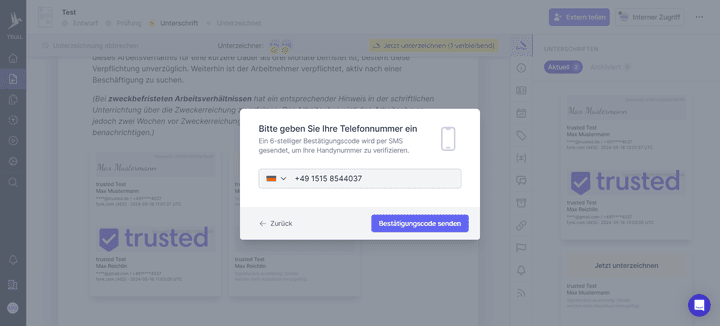 Für die Erstellung einer FES benötigen deine Unterzeichner:innen eine Verifizierung per SMS-Code