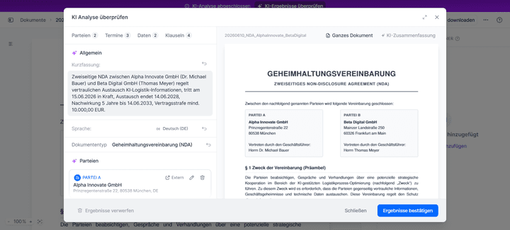 Lädst du bestehende Verträge hoch, bekommst du von der fynk-KI eine automatische Vertragszusammenfassung