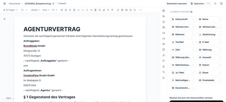 Verträge und andere Dokumente lassen sich direkt in fynk im integrierten Vertragseditor erstellen