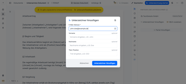 Unterzeichner:innen lädst du grundsätzlich per E-Mail zum Signieren in fynk ein