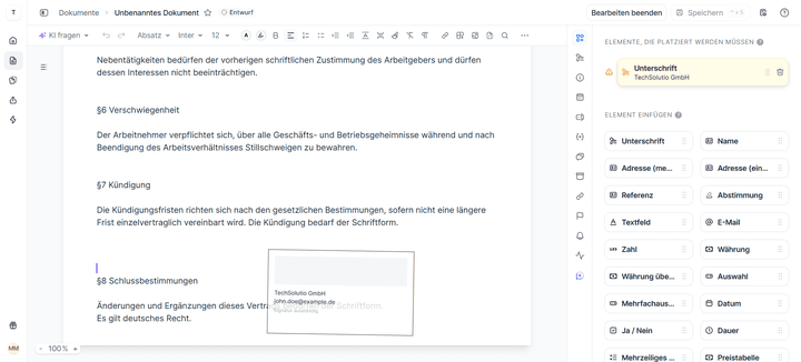 Signaturfelder auf Dokumenten einzufügen klappt einfach und schnell per Drag-and-Drop