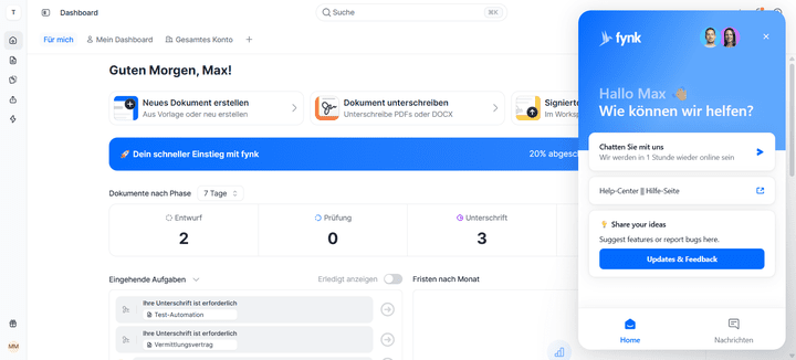 Kontakt mit dem Support-Team nimmst du per Chat direkt aus der fynk-Oberfläche auf