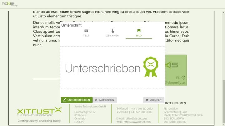 Bei MOXIS unterschreiben Sie Dokumente per Text, Touchscreen oder mithilfe einer Grafik