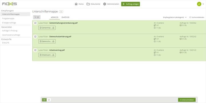 Für die Stapelsignatur wählen Sie einfach alle zu unterzeichnenden Dokumente gleichzeitig aus