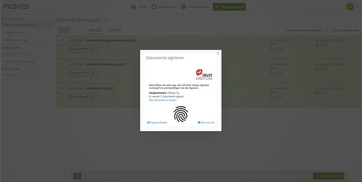 Für eine authentifizierte Signatur mit MOXIS benötigen Sie einen Code, den Sie per SMS erhalten