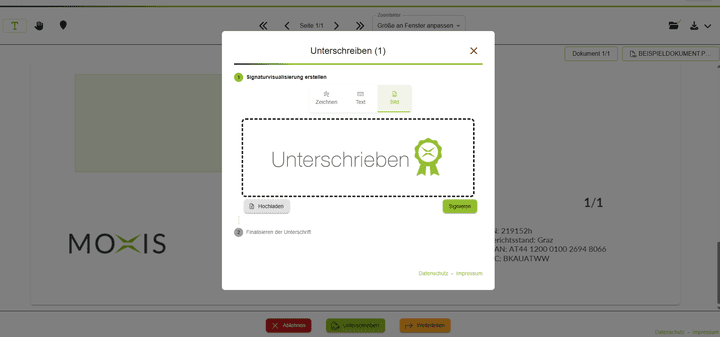 Bei MOXIS unterschreiben Sie Dokumente per Text, Touchscreen oder mithilfe einer Grafik