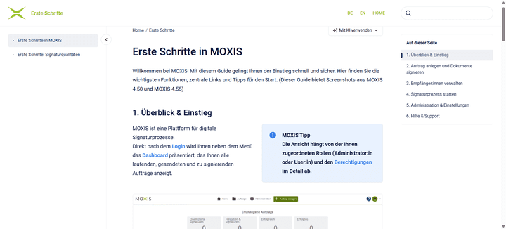 Das Online-Helpcenter zu MOXIS ist recht ausführlich und wartet mit nützlichen Anleitungen und Guides auf.