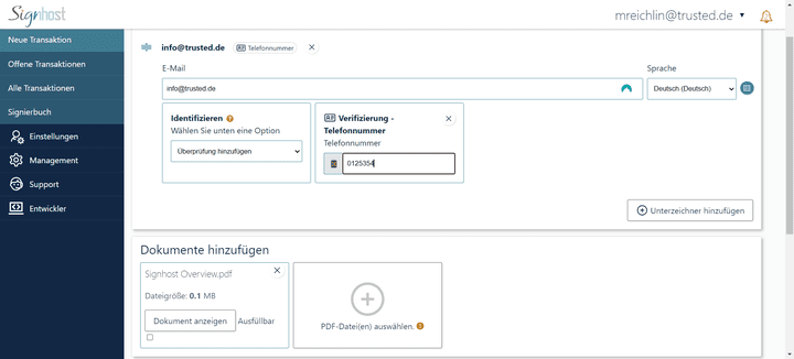 Eine Transaktion bzw. einen Signaturprozess stoßen Sie in Signhost innerhalb von wenigen Minuten an
