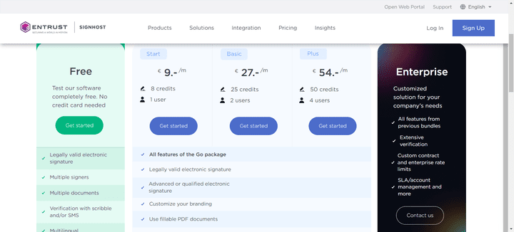 Ein Blick auf das Pricing von Signhost (hier mit den Preisen im Monats-Abo; möglich ist auch ein günstigeres Jahreabo)