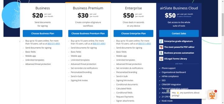 Für signNow bezahlen Sie je nach Tarif zwischen 20 und 50 US-Dollar pro Monat und User