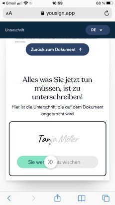 Auf Mobilgeräten unterzeichnen Sie ganz einfach, indem Sie auf dem Touchscreen über das Signaturfeld wischen