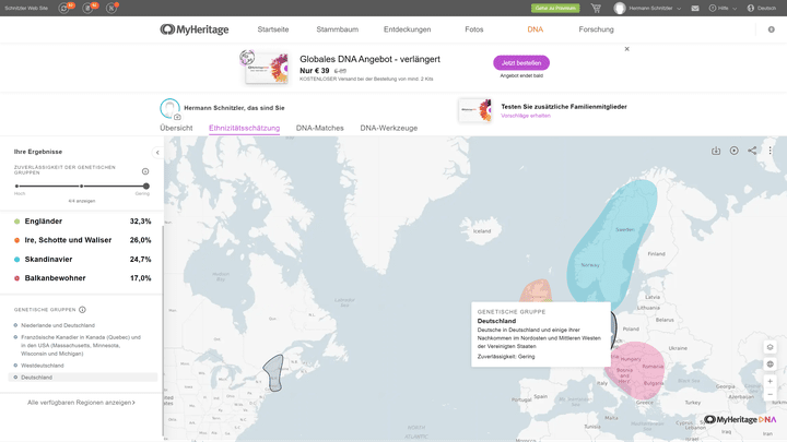 Meine direkten Vorfahren kommen alle aus Deutschland, trotzdem habe ich laut MyHeritage eine Britisch-Skandinavisch-Balkan-Ethnizität. Merkwürdig.