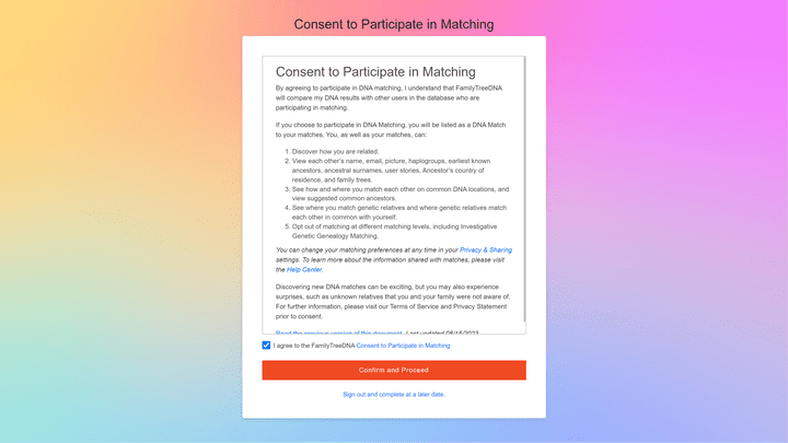 FamilyTreeDNA gibt es nur auf Englisch; inklusive des komplizierten Formulars zur Datenverarbeitung