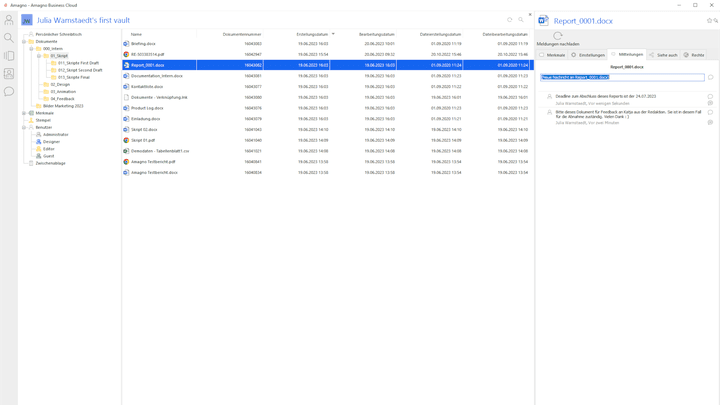 Nutzen Sie Mitteilungen, um Ihre Kolleg:innen über Änderungen in Dokumenten oder im System zu informieren