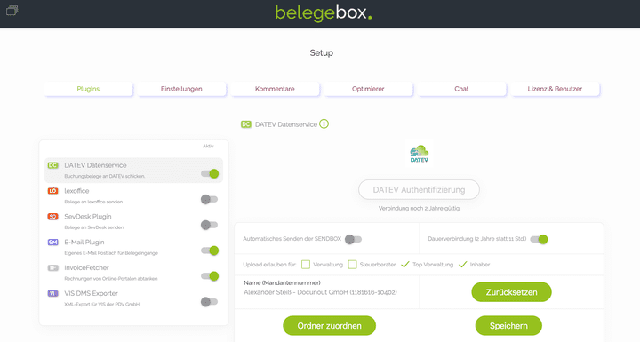Die Belegebox bringt relevante Schnittstellen mit, wie zum Beispiel zu DATEV oder zu anderen Buchhaltungs-Tools wie lexoffice oder SevDesk