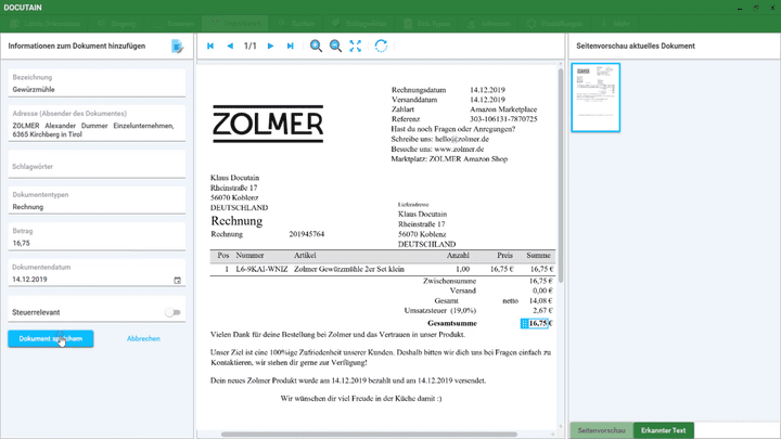 Die Benutzeroberfläche von Docutain