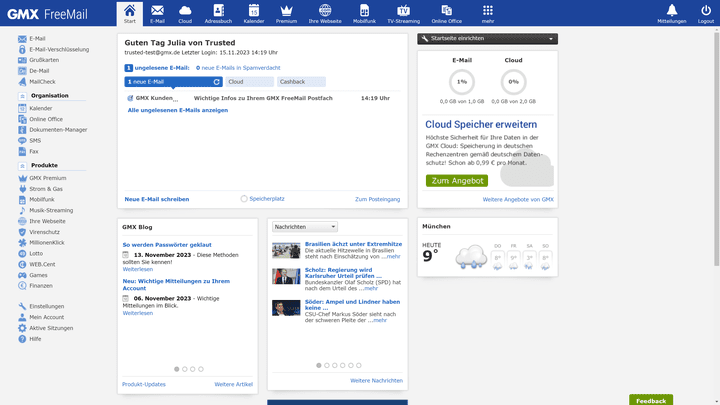 Der GMX-Posteingang in der FreeMail-Version