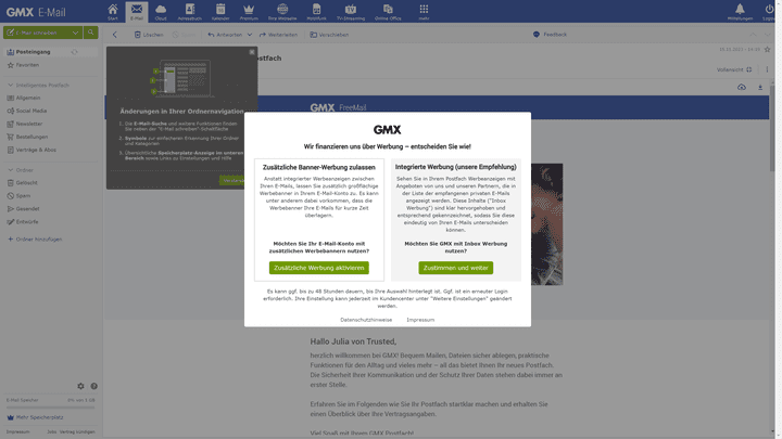 GMX ist im Free-Tarif leider sehr voll mit Werbung