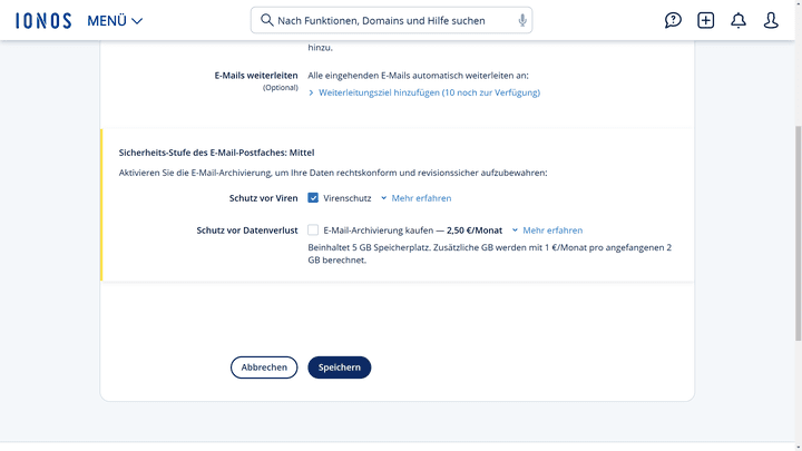 Buche dir optional die Mail-Archivierung zu deinem Paket dazu