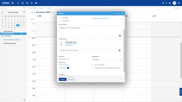 Koordiniere dich mit deinem Team über die IONOS Mail Kalenderfunktion