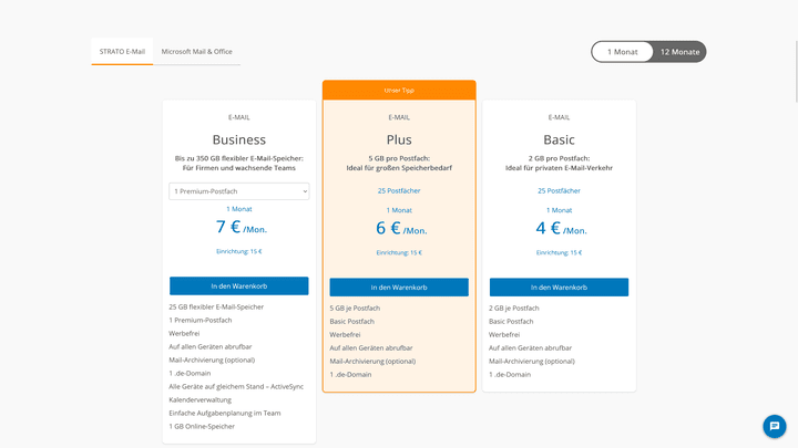 Die Preise für STRATO Webmail im Überblick