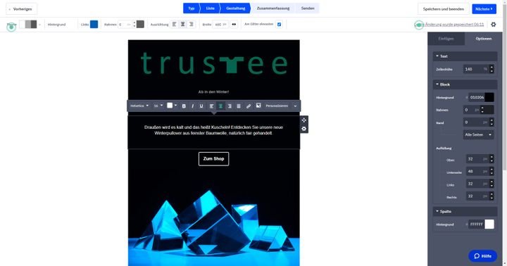 Der Mail-Editor lässt sich einfach bedienen und ermöglicht Ihnen die Gestaltung schicker Newsletter und Co.
