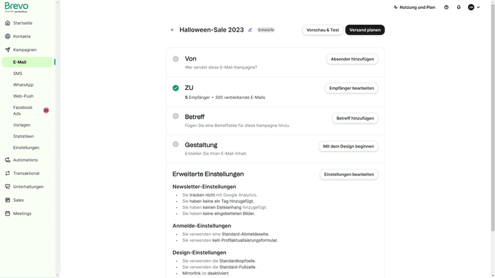Nehmen Sie grundlegende Einstellungen für Ihre Mailings vor