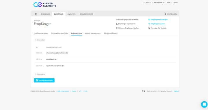 Die Blacklists in Clever Elements nennen sich “Robinsonlisten”