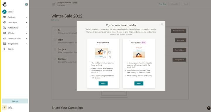 Sie haben bei der Erstellung die Wahl aus dem neuen und dem alten Builder