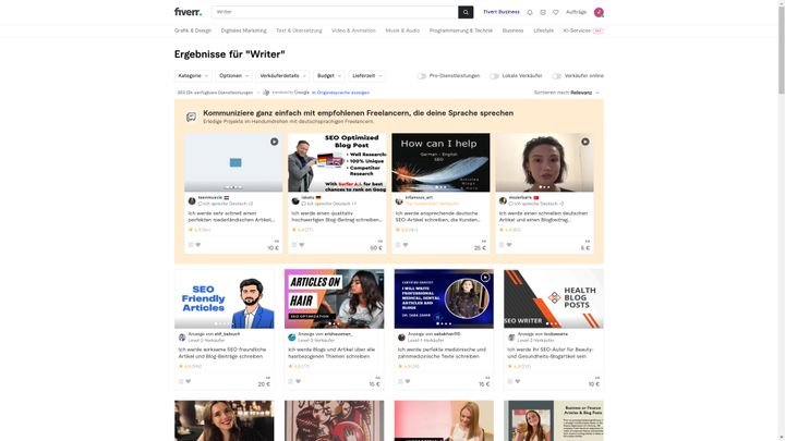 Die Dienstleister-Übersicht von Fiverr