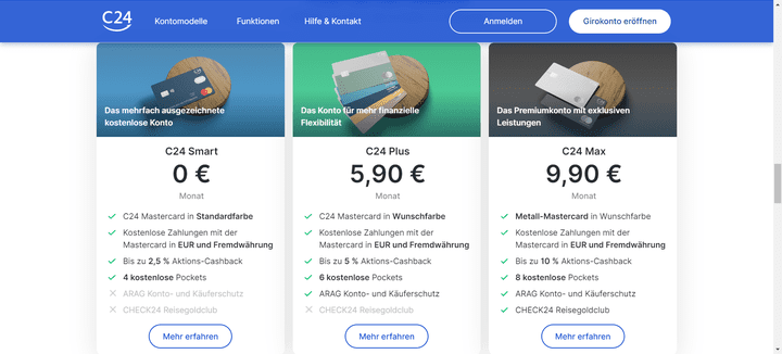 Die drei Kontomodelle “Smart”, “Plus” und “Max” von C24 im Überblick