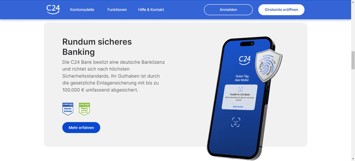 C24 verspricht rundum sicheres Banking und hat die wichtigsten Sicherheits- und Datenschutzstandards nach europäischen Recht