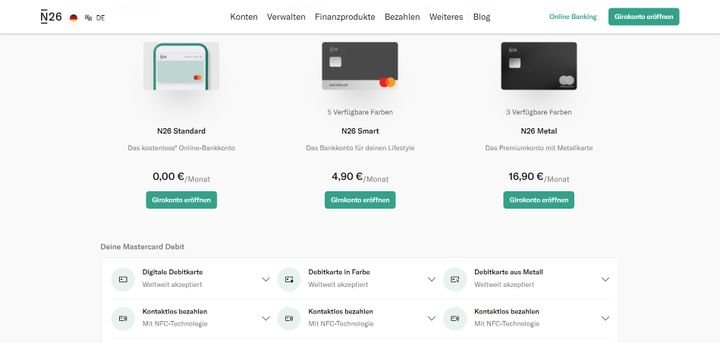 N26 bietet vier verschiedene Konten mit verschiedenen Leistungen und Features an