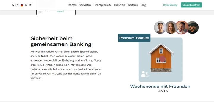 Mit dem Girokonto von N26 sparen Sie gemeinsam mit einer Gruppe in den Shared Spaces