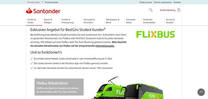 Im Studierendenkonto von Santander profitieren Sie von Rabatten bei Reisen mit Flixbus