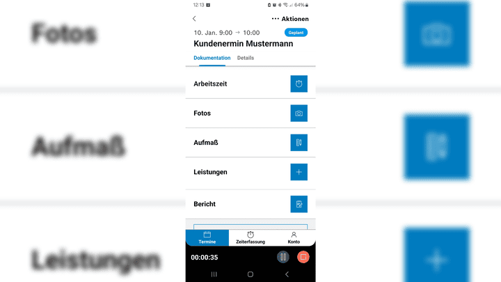 Mit der OfficeOn-App lassen sich vor Ort bei deinen Kund:innen alle Handgriffe dokumentieren; per Zeiterfassung, aufgebrachten Leistungen, Fotos, etc.
