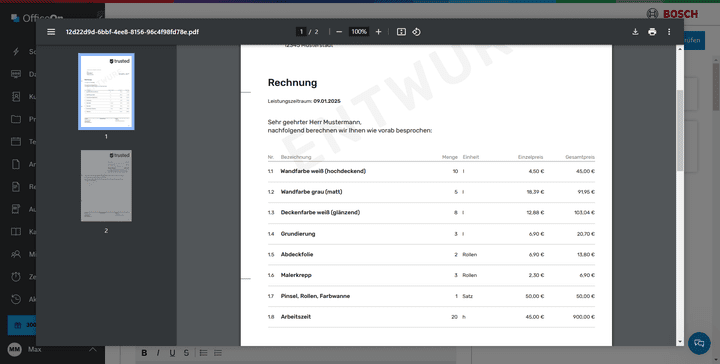 Eine Rechnung lässt sich in OfficeOn spielend leicht aus einem Angebot oder aus den dokumentierten Leistungen aus der mobilen App erstellen