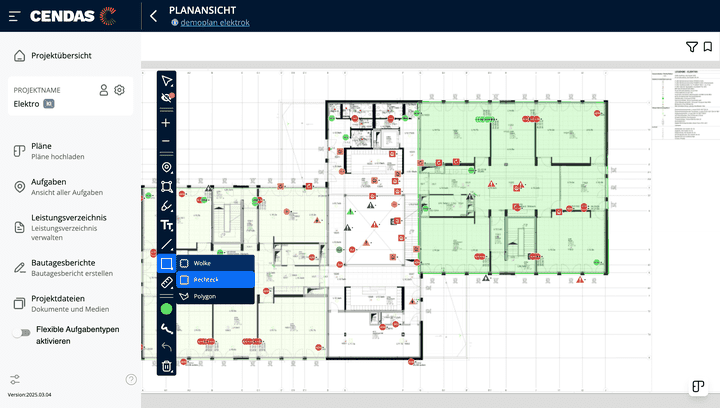 Herzstück von CENDAS ist die Planansicht, in der du auf Basis deines digitalen Bauplans “Tickets” – also Aufgaben für dein Team planst