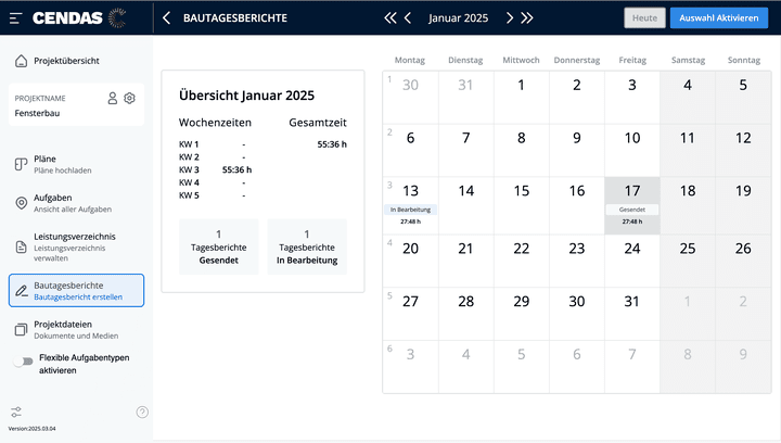 Im digitalen Bautagebuch hältst du alle Arbeitsstunden, Leistungen und erledigten Aufgaben fest. Mit Klick auf einen bestimmten Tag erstellt CENDAS halbautomatisch den entsprechenden Bericht.