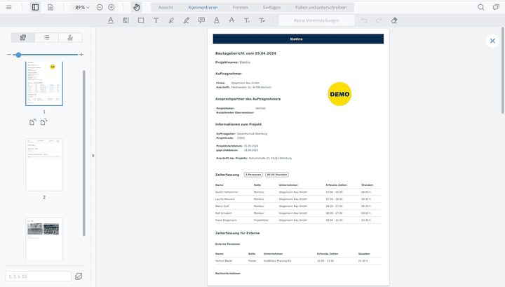 So könnte dein fertiger Bautagesbericht aus CENDAS zum Beispiel aussehen
