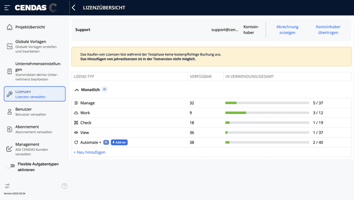 In CENDAS hast du immer einen Überblick darüber, welche Lizenzen du hast und wie sie verteilt sind. So verlierst du nicht den Überblick und bezahlst immer nur das, was du auch brauchst.