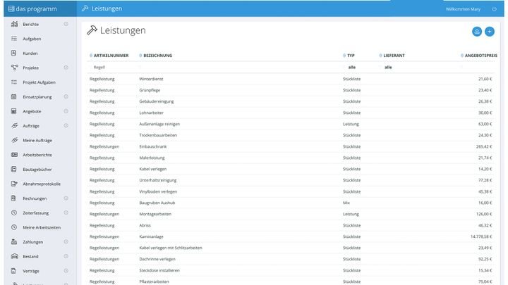 Leistungen und Material verwaltest du genauso übersichtlich wie deine Kundenkontakte