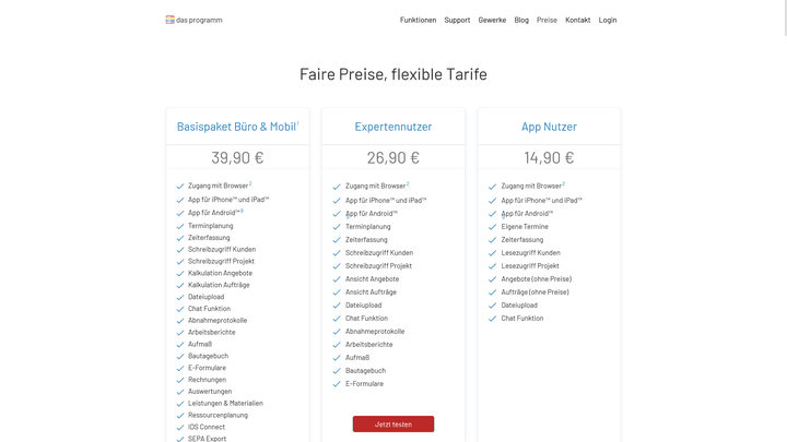 Ein Blick auf die Basis-Preispakete von Das Programm und den enthaltenen Funktionsumfang
