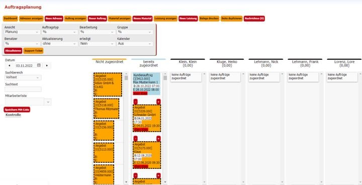 dashandwerk.net bietet eine übersichtliche Auftragsverwaltung an. Per Drag and Drop können Sie die Einsätze Ihrer Mitarbeiter in Echtzeit-Synchronisation planen