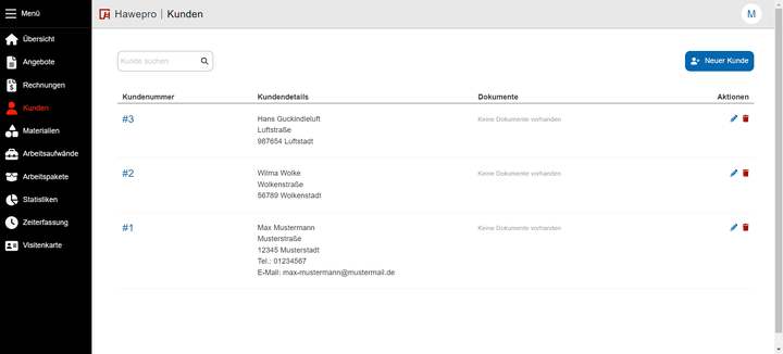 Alle deine Kund:innen landen in einer langen Liste. Sofern deine Kundenliste nicht zu lang ist, ist das auch in Ordnung.